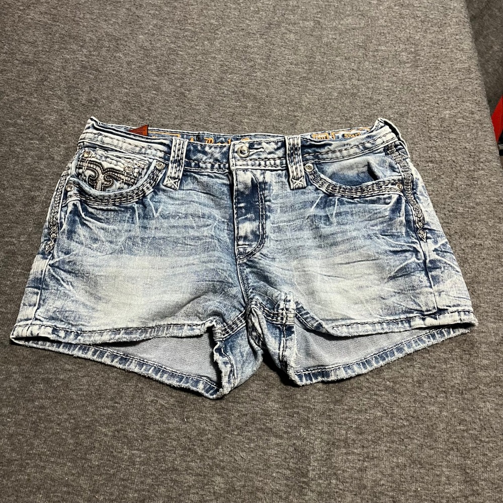 Rock Revival Phoebe Acid Wash Denim Shorts Fleur De Lis Flap Pocket Size 30